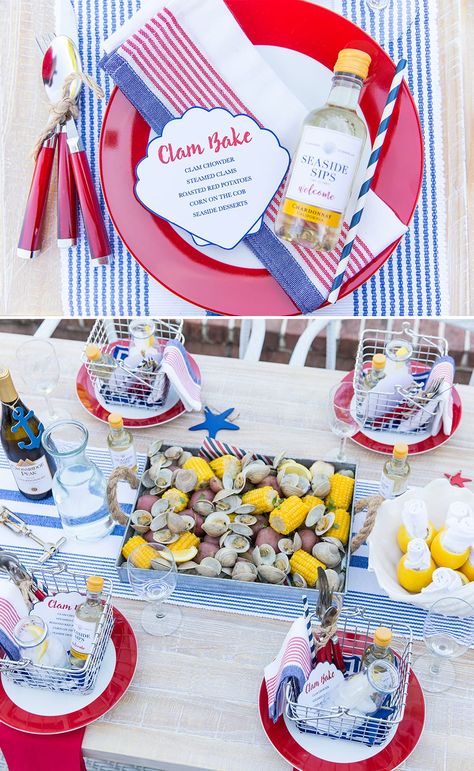 Nautical Clam Bake Party Table Nantucket Recipes, Lobster Bake Party, 4th Of July Dinner, Clam Bake Party, Shrimp Boil Party, Crab Boil Party, Seafood Dinner Party, Courtney Whitmore, Lobster Party