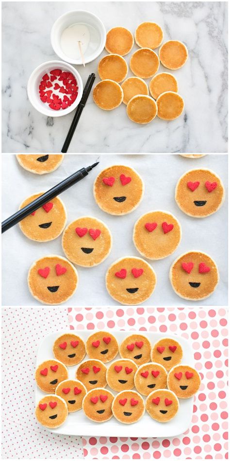 We speak a different language around here, a symbolic language, so to speak. We speak Momojis. That’s Mom-Emojis for all you newbies out there. The only thing that’s better than this secret, momtastic language is translating it onto pancakes. Your entire family will love this mini emoji pancake recipe for breakfast, lunch, and, heck, even dinner, because who doesn’t love breakfast for dinner? Breakfast Ideas Cute, Valentine's Breakfast, Smiley Party, Cute Breakfast Ideas, Fun Kid Lunch, Cute Breakfast, Mini Pancakes, Breakfast Idea, Valentines Food