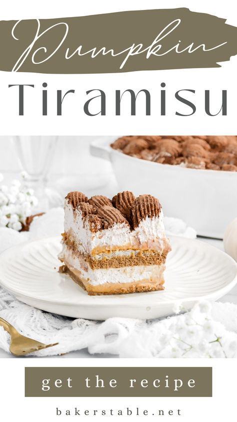 The perfect make-ahead dessert for Thanksgiving…Spiced Pumpkin Tiramisu! Six layers of tender, sweet, and extra delicious Fall flavors. Ladyfinger cookies soaked in a blend of pumpkin pie liqueur and espresso, topped with an egg-free pumpkin custard, and finished with a spiced whipped cream. Every bite is a fun twist on the classic Italian dessert, while also being reminiscent of the Pumpkin Spice Latte. Every bite truly leaves you wanting more! Pumpkin Chai Tiramisu Recipe, Pumpkin Cream Tiramisu, Pumpkin Pie Tiramisu, Pumpkin Spice Tiramisu, Pumpkin Tiramisu Recipe, Tiramisu Thanksgiving, Thanksgiving Tiramisu, Marscapone Dessert, Pumpkin Tiramisu