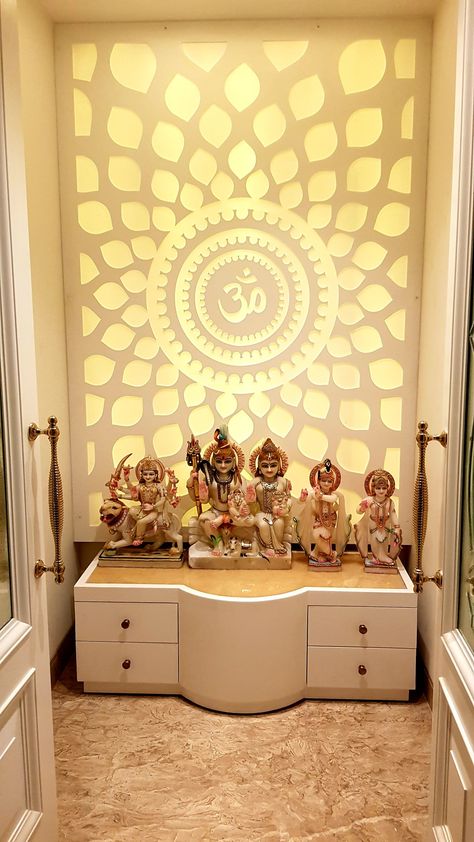 Om Mandir Backdrop, Glass Mandir Design Puja Room, Mandir Backdrop Design, Mdf Mandir Design, Mandir Om Design, Om Design For Mandir, Mandir Backdrop, Mandir Ideas, Town House Plans