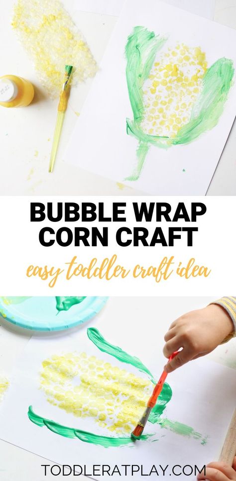 Create sweet-looking corn using bubble wrap! This Bubble Wrap Corn Craft is perfect as an Autumn craft and is simple enough for even the small kids to follow along. They’ll love the process and the final product!    #fallcrafts #toddlercrafts #corncraft Corn Art Activities For Preschool, Activities With Corn, Bubble Wrap Corn Craft, Corn Art And Craft For Preschool, Preschool Bubble Wrap Painting, Corn Craft, Bubble Wrap Art, Art For Toddlers, Corn Painting