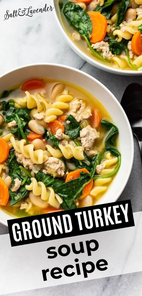 Ground Turkey Spinach Soup, Ground Turkey Orzo Soup, Ground Turkey Carrots Celery, Ground Turkey Noodle Soup, Turkey Meat Soup Recipes, Ground Turkey Recipes Soup, Soup Using Ground Turkey, Ground Turkey Stew Recipes, Ground Turkey Soup Crockpot