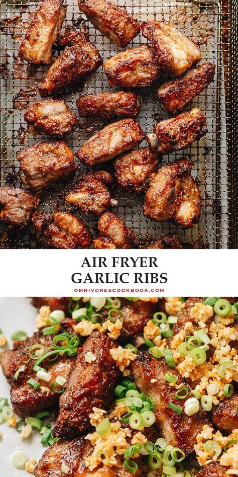 Sharing a super easy and addictive air fryer ribs recipe that is inspired by Chinese fried garlic ribs. The ribs are juicy, tender, very flavorful, coated with a crispy crust and finished up with crispy garlic bits. If you are looking to enjoy ribs without guilt, you should make this air fryer version for a delicious and healthy meal with wholesome ingredients. {Gluten-Free Adaptable} Dry Fried Ribs Chinese, Air Fried Ribs Recipe, Air Fryer Dry Ribs, Airfryer Pork Ribs Recipes, Pork Short Ribs In Air Fryer, Air Fryer Dry Garlic Ribs, Healthy Ribs Recipe, Riblets Recipe Air Fryer, Air Fryer Rib Tips