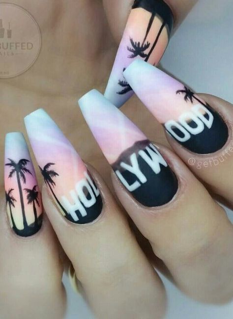 Hollywood cali California nails design California Nails, Hollywood Nails, Flamingo Nails, Palm Tree Nails, Buff Nails, Unghie Nail Art, Tropical Nails, Hollywood Beach, Glow Nails