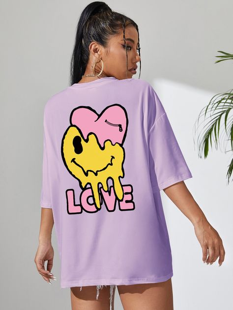 Cartoon And Letter Graphic Drop Shoulder Tee Drop Shoulder Tee, Shirt Design Inspiration, Women T Shirts, Summer Cotton, Smiley Face, Cotton Shorts, Half Sleeves, Drop Shoulder, Smiley