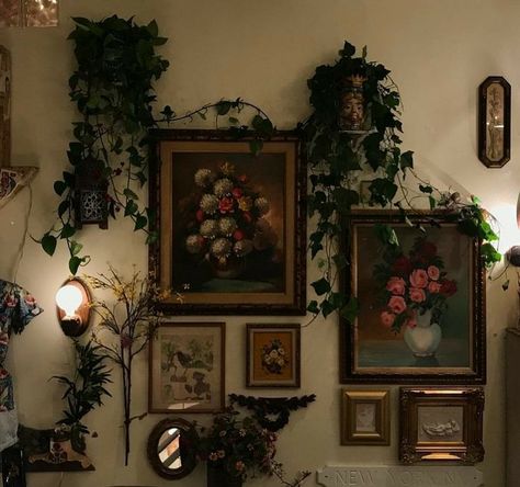 Whimsy Goth Living Room, Light Academia Apartment, Thrifted Gallery Wall, Whimsy Academia, Thrifted Aesthetic, Moody Farmhouse, Horror Vibes, French Boho, Esthetics Room