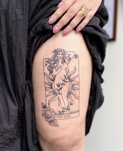 Freshly inked, virgo inspired sun tarot tattoo by moonstone ink :) Virgo Tarot Card Tattoo, Sun Tarot Tattoo, Virgo Tarot Card, Tattoo Virgo, Tarot Card Tattoo, Tarot Tattoo, Virgo Tattoo, Card Tattoo, Tarot Card