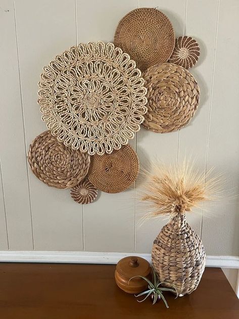 Neutral Boho Wall Decor, How To Hang Boho Basket Wall, Boho Items Decor, Wall Round Decor, Boho Wicker Decor, Neutral Kitchen Wall Decor, Round Basket Wall Decor, Flat Baskets Wall Decor, Basket Wall Decor Modern