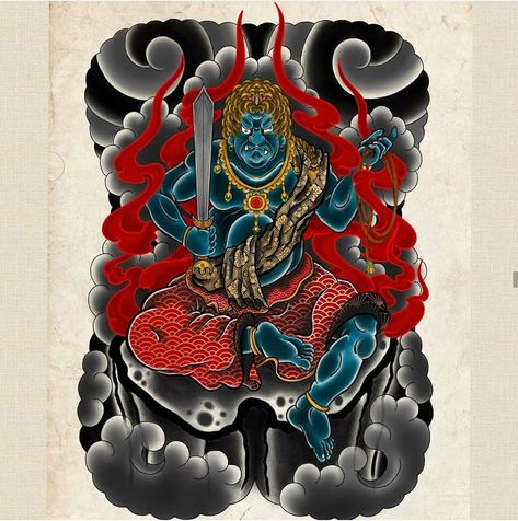 Fudo Myoo Tattoo Design, Fudo Tattoo, Traditional Tattoo Back Piece, Fudo Myoo, Traditional Japanese Tattoo Designs, Foo Dog Tattoo, Tattoo Japanese Style, Dragon Tattoo Back Piece, Cactus Tattoo