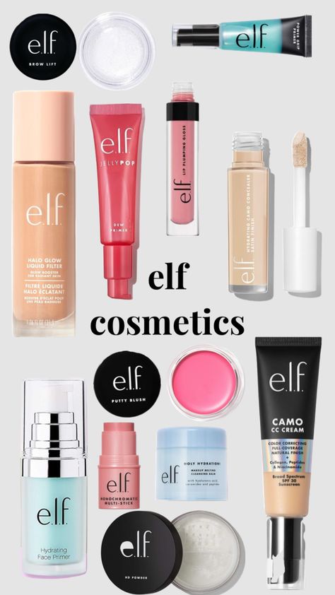 Elf Makeup And Skincare, Makeup Products Elf, Elf Must Haves, Elf Cosmetics Must Haves, Best Elf Makeup Products, Elf Products Makeup, E.l.f. Makeup Elf Products, Elf Cosmetics Aesthetic, Elf Aesthetic Makeup