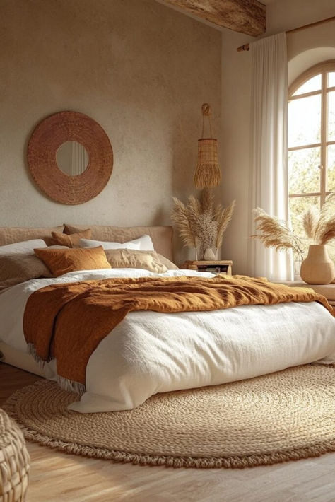 Cozy cinnamon tones and boho decor create a snug retreat within your room. Discover more cinnamon-inspired orange boho bedroom ideas here! Rust Orange And Cream Bedroom, Cozy Terracotta Bedroom, Orange Room Decor Ideas Bedrooms, Boho Bedroom Terracotta, Rust Orange Bedroom, Orange Boho Bedroom, Rust Bed, Terracotta Bedroom Ideas, Orange Room Decor