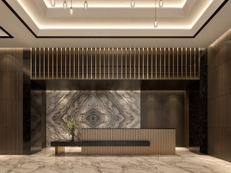 HOTEL LOBBY on Behance High End Hotel Lobby, Modern Luxury Hotel Lobby, Hotel Lobby Lounge Design, Reception Hotel Design, Luxury Hotel Lobby Reception, Gym Reception Desk, Hotel Entrance Lobby, Residential Lobby Interior, Office Entrance Lobby