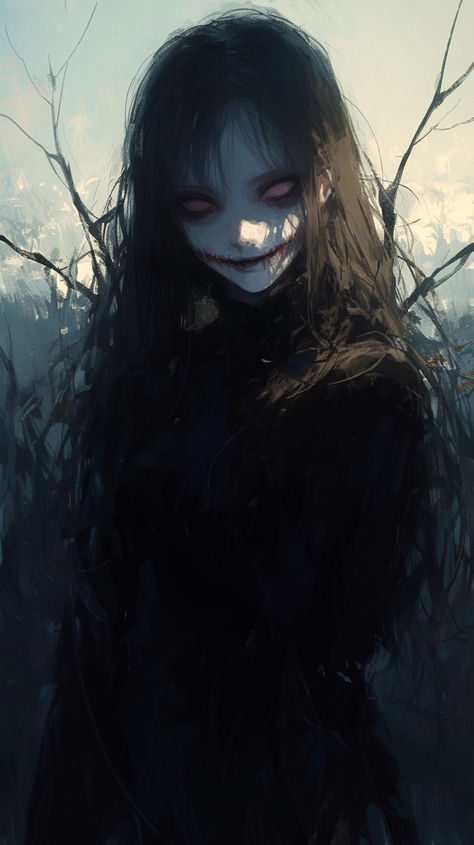 Holding Severed Head, Anime Scary, Scary Demon, Obscure Art, Horror Girl, Creepy Witch, Spooky World, Smile Drawing, Female Monster