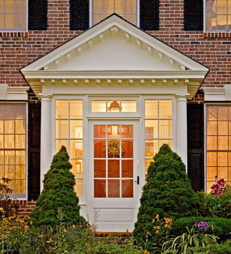 Exterior Colonial House, House Exterior Colonial, Portico Ideas, Portico Entry, Enclosed Front Porches, Front Porch Addition, Portico Design, Colonial House Exteriors, Georgian Style Homes