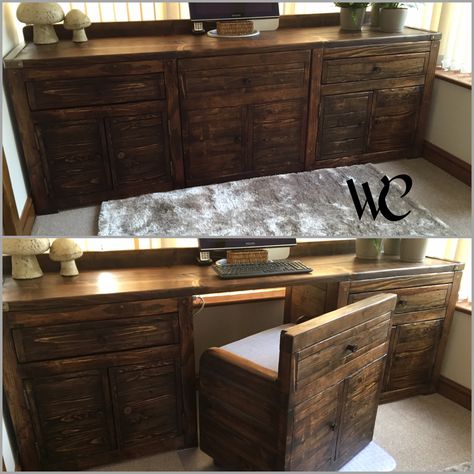 Hidden desk that looks like a sideboard. Made by wombles crafts Hidden Desk, Unusual Furniture, Lights Decor, Dresser Desk, Texas House, Diy Furniture Bedroom, Buffet Cabinet, Vanity Desk, Sideboard Buffet