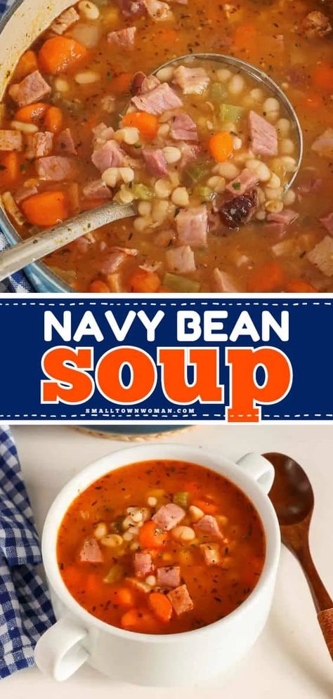 Warm up on a chilly day with this soup idea for dinner! It's a super easy comfort food recipe using canned beans. Not only is this navy bean soup a flavorful, cozy meal, but it also has plenty of protein to keep you satisfied! Idea For Dinner, Bean Soups, Chicken Starter, Sweet Potato Cornbread, Navy Bean Soup, Stews Recipes, Soups Recipes, Crockpot Soup, Starter Recipes