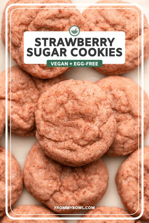 Strawberry Vegan Cookies, Spring Vegan Desserts, Vegan Strawberry Cookies, Vegan Baked Goods, Vegan Valentines, Clam Cakes, Fruity Cookies, Strawberry Sugar Cookies, Strawberry Sugar