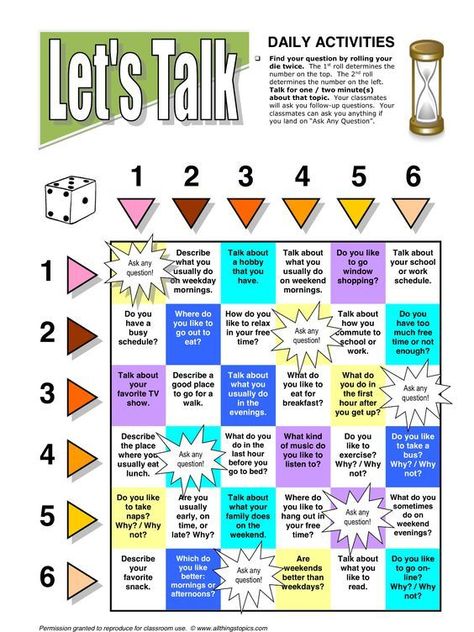 This is a great speaking activity to talk about daily activities. Your students roll the die twice to find a question to talk about. The first roll determines the number on the top and the second roll determines the number on the left. Fun English Games, Speaking Games, Esl English, Esl Activities, English Games, Speaking Activities, English Classroom, English Activities, Esl Teaching