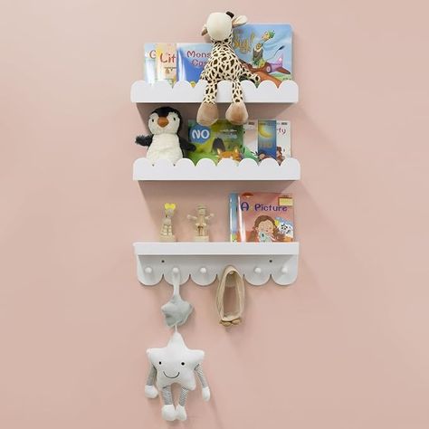 Amazon.com: icnjdMopclean Wall Book Shelves for Bedroom Kids with Hooks - Wood Nursery Book Shelves Set of 3, Scalloped Floating Nursery Book Shelves for Nursery Kids Room Decor, 16 Inch : Home & Kitchen Shelves For Nursery, Scalloped Shelves, Wall Book Shelves, Nursery Book Shelves, Floating Book Shelves, Scalloped Shelf, Floral Baby Nursery, Shelves For Bedroom, Wall Shelves Bedroom