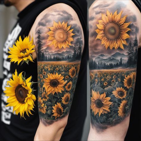 Cover Up Tattoos Sunflower, Sunflower Field Tattoo, Beautiful Spine Tattoos, Sunflower Tattoo Ideas, Spine Tattoo Ideas, Sunflower Tattoo Sleeve, Nature Tattoo Sleeve, Dragonfly Tattoo Design, Torso Tattoos