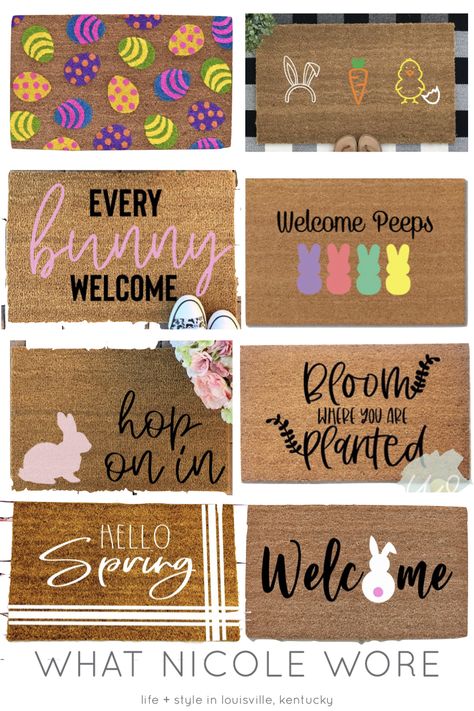 Lifestyle blogger, What Nicole Wore, shares eight welcome mats for your home to add Easter and spring home decor to your front door. // welcome mat front door, easter decorations, easter decorations farmhouse, door mat ideas, door mat funny, easter door decor Easter Doormat Ideas, Easter Door Mat Diy, Spring Welcome Mat, Cricut Welcome Mats, Spring Door Mat Ideas, Custom Door Mat Ideas, Spring Cricut Projects, Cricut Door Mat, Easter Cricut Ideas