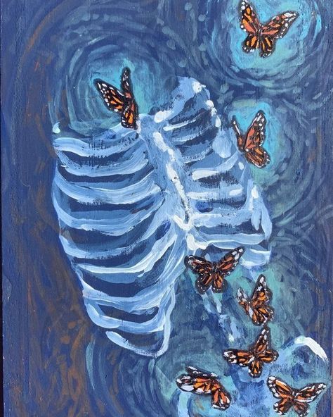 Paintings With Butterflies, Butterfly Person Art, Skeleton Painting Ideas, Butterfly Painting On Canvas Aesthetic, Alt Painting Ideas, 2 Paintings Side By Side, Surrealism Painting Easy, Skeleton Art Painting, Dark Painting Ideas On Canvas