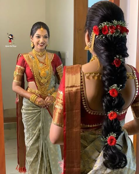 Traditional Bride Hairstyle, Messy Hair Styles For Wedding, Telugu Bridal Hairstyles, Engagement Hairstyles Indian Brides, South Indian Bride Hairstyle Engagement, Engagement Hairstyles Indian Brides In Saree, Pula Jada Indian Weddings, Mugurtham Hairstyle, Hair Colorful Ideas