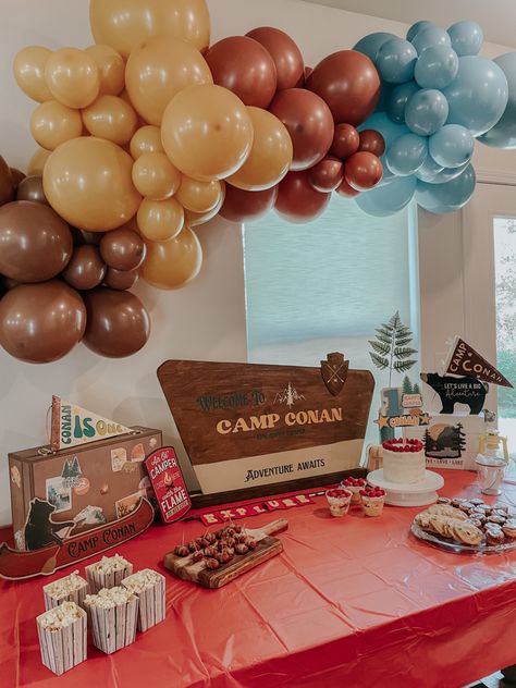 Camp Themed Engagement Party, Retro Camp Party, Camp Themed Cocktails, Camp Themed Bachelor Party, Vintage Camping Party, Camp Themed Birthday Party Adult, Summer Camp Party Theme, Camp Party Ideas, Camp Birthday Theme