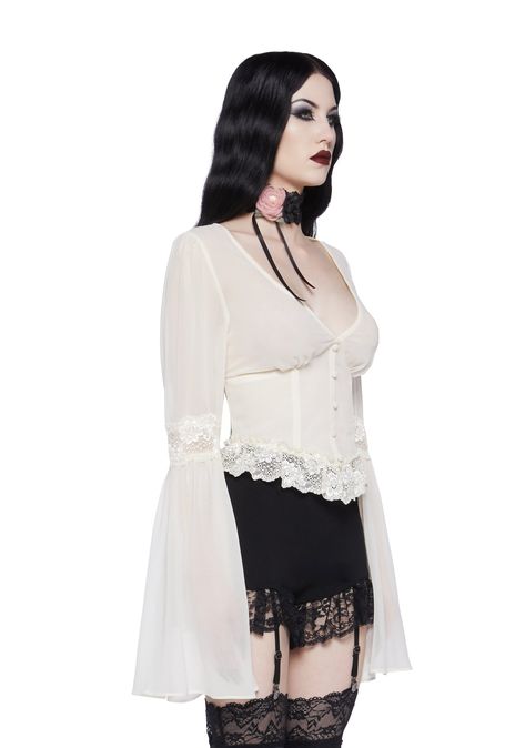 Widow Sheer Lace Bell Sleeve Blouse - Ivory Draping Ideas, Emo 2000s, Sheer Chiffon Blouse, Thrift Inspo, White Dress Shoes, 2000 Fashion, Micro Skirt, Romantic Goth, White Long Sleeve Top