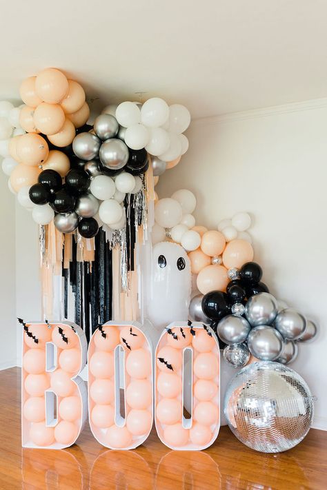 Halloween Party Photo Backdrop Outside, Halloween Marquee Ideas, Halloween Balloon Mosaic, Ghost Balloon Arch, Boo I'm Two Birthday, Halloween Party Room Decor, Halloween Party Back Drop, Ghost Balloon Garland, Halloween Birthday Party Backdrop