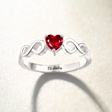 Engraved Infinity Ring With Heart Birthstone Silver Infinity Silver Birthstone Ring Gift, Infinity Heart Ring For Valentine's Day, Personalized Silver Heart-shaped Birthstone Ring, Sterling Silver Birthstone Ring For Wedding, Heart-shaped, Silver Infinity Ring For Valentine's Day, Heart Infinity Ring, Peace Sign Jewelry, Red Jewel, Silver Heart Ring