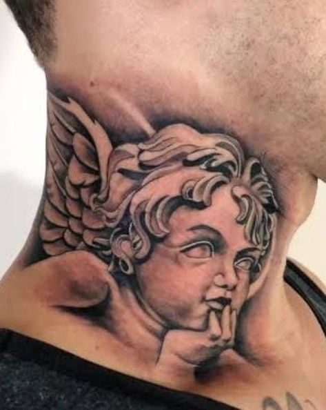 Angel Whispering In Ear Tattoo, Angel Whispering In Ear Tattoo Design, Angel Neck Tattoo, Neck And Throat Tattoos Men, Half Sleeve Tattoos Sketches, Aztec Tattoos Sleeve, Side Neck Tattoo, Skull Hand Tattoo, Cherub Tattoo