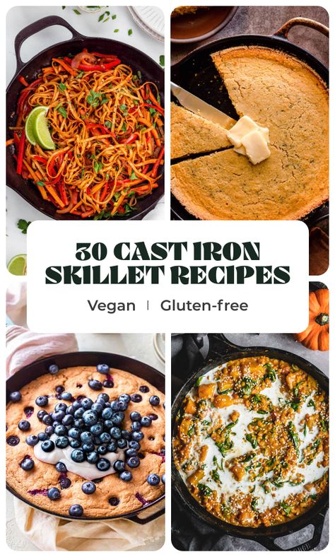 Cast iron pans are one of the most versatile kitchen tools! These vegan cast iron skillet recipes include ideas for dinner, breakfast, and dessert, all of them easy to make and bursting with flavor! Cast Iron Skillet Recipes Vegan, Cast Iron Skillet Recipes Dinner Vegetarian, Vegetarian Cast Iron Recipes, Gluten Free Cast Iron Recipes, Vegan Breakfast Skillet, Carbon Steel Pan Recipes, Vegan Cast Iron Recipes, Individual Cast Iron Skillet Recipes, Vegan Skillet Meals