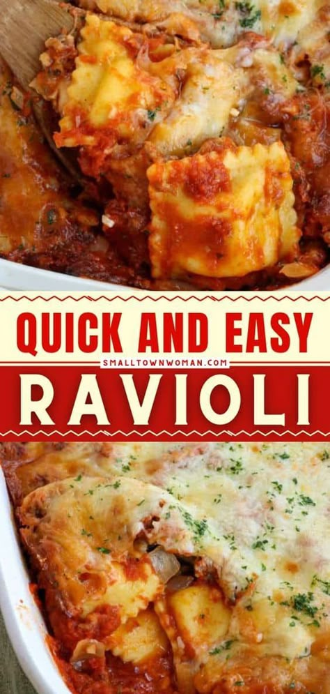 A quick and easy baked ravioli recipe perfect for weeknight dinners! It is made with frozen cheese ravioli, Italian sausage, onions, garlic, marinara, and oodles of mozzarella, and Parmesan Cheese all baked to golden perfection. Save this comfort food recipe! Sausage Ravioli Recipe, Easy Ravioli Recipe, Frozen Ravioli Recipes, Easy Baked Ravioli, Italian Casseroles, Pasta Receipes, Cheese Ravioli Recipe, Sausage Ravioli, Baked Ravioli Casserole