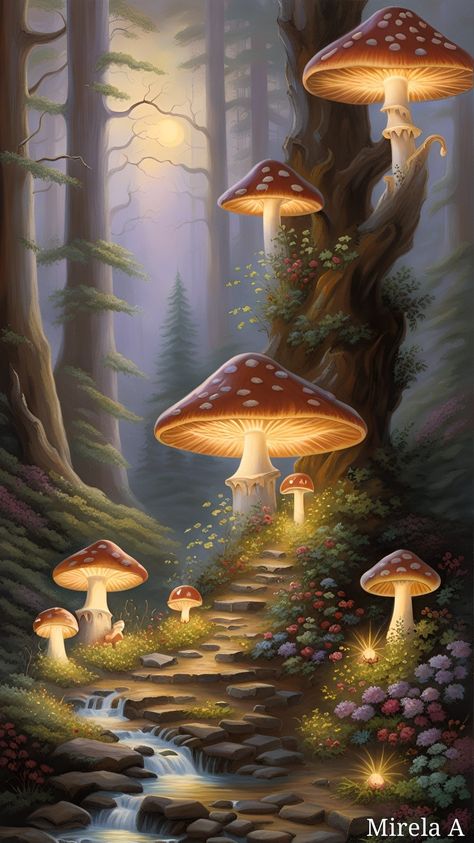 Mushroom Paint, Mushroom Wallpaper, Tree Mural, Graphic Arts Illustration, Fairy Artwork, Fantasy Forest, Fairytale Fantasy, Fantasy Paintings, T Art