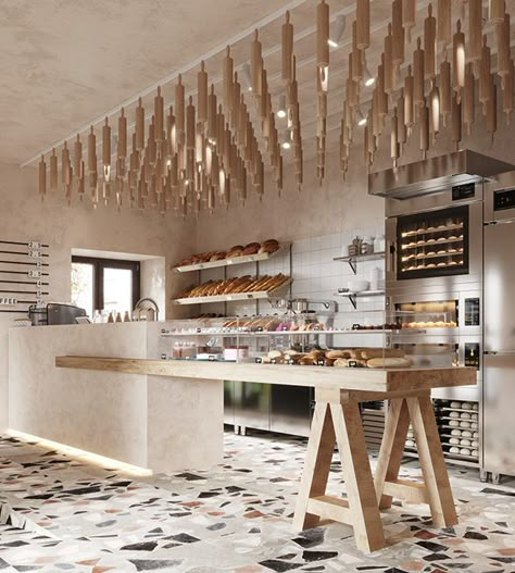 Bakery in Historical Center en Behance Bakery Cafe Interior Design, Bread Shelves, Bakery Cafe Interior, Reception Desk Ideas, Canteen Design, Bakery Icon, Bread Design, Bakery Coffee Shop, Coffee Bakery