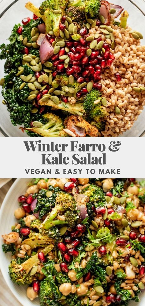 This hearty Winter Farro and Kale Salad is loaded with tender farro, chickpeas, and sweet pomegranate seeds, dressed in a garlic citrus dressing. Easy meal prep for easy lunches. Cold Farro Salad, Farro Salad With Chicken, Farro Pomegranate Salad, Farro Pilaf Recipe, Crispy Farro Salad, Farro And Quinoa Recipes, Farro Vegan Recipes, Fall Dense Bean Salad, Kale Pomegranate Salad