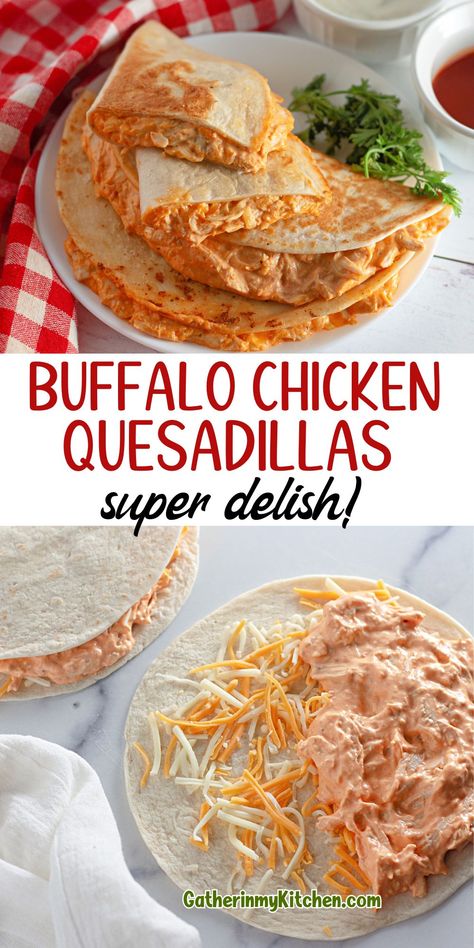 Looking for a quick and delicious meal with a kick? Try these Buffalo Chicken Quesadillas packed with shredded chicken, hot sauce, ranch dressing, and loads of cheese. Crispy on the outside, cheesy and spicy on the inside, they're a hit for lunch or dinner. Add blue cheese crumbles if you're feeling adventurous, or swap out the ranch for blue cheese dressing for that extra zing! Chicken Quesadilla With Canned Chicken, Buffalo Chicken Recipe Ideas, Easy Chicken And Cheese Quesadilla, Buffalo Chicken Quesadilla Easy, Buffalo Chicken Sheet Pan Quesadilla, Buffalo Shredded Chicken, Buffalo Ranch Chicken Quesadilla, Casidilla Recipes Chicken Quesadillas, Buffalo Chicken Quesadilla