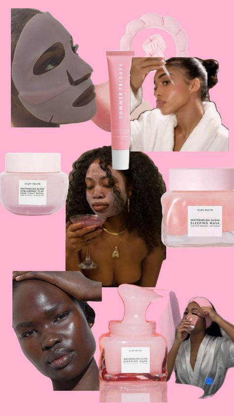 Skin care glass skin black women clear complexion Glass Skin Black, Pink Skincare Aesthetic, Pink Skincare, Clear Skin Routine, Watermelon Glow Sleeping Mask, Face Skin Care Routine, Black Skin Care, Clear Skin Tips, Skincare Aesthetic