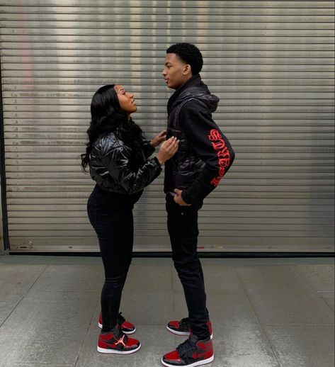 Baddie Couple Outfits Matching, Red And Black Matching Couple Outfits, Matching Birthday Outfits For Couples, Black Couples Thanksgiving Outfits, Valentines Day Matching Outfits Black Couple, Couple Outfits Black, Panda Dunks Couple Outfit, Black Couple Fits, Fair Date Outfit Black Couple