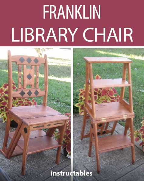 Craft a Franklin library chair that converts from a chair into a stepstool. Great for a library, study, living room, kitchen, and more. #furniture #woodworking #workshop #stool #ladder #home #decor #convertible Workshop Stool, Rustic Outdoor Furniture, Bobs Furniture, Library Study, Study Living Room, Library Chair, Woodworking Workshop, Popular Woodworking, Diy Bathroom Decor