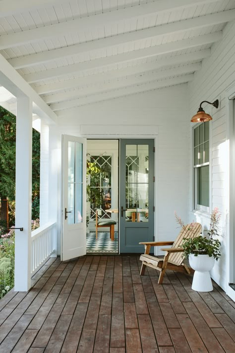 Our Farmhouse Back Porch Reveal – The "1st Summer" Edition! - Emily Henderson Small Cottage Screened Porch, Off Center Front Door Porch Ideas, Building A Back Porch, Pine Porch Ceiling, Back Porch Farmhouse, Cottage Back Porch, Wraparound Porch Farmhouse, Front Porch Cozy, Backyard Porch Ideas