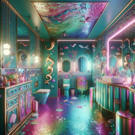 Under The Sea Bathroom Ideas, Fantasy Bathroom, Under The Sea Bathroom, Ocean Room Decor, Teal Bathroom Ideas, Mermaid Home Decor, Iridescent Tile, Ocean Room, Mermaid Bathroom