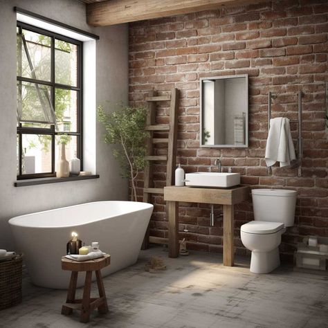 9 Exposed Brick Bathroom Ideas for a Modern Rustic Feel • 333+ Images • [ArtFacade] Bathroom With Brick Flooring, White Brick Tile Shower Wall, Bathroom With Exposed Brick, Exposed Brick Bathroom Ideas, Exposed Brick In Bathroom, Brick Slip Bathroom, Brick Tile Floor Bathroom, Brick Floor In Bathroom, Brick Wall In Bathroom