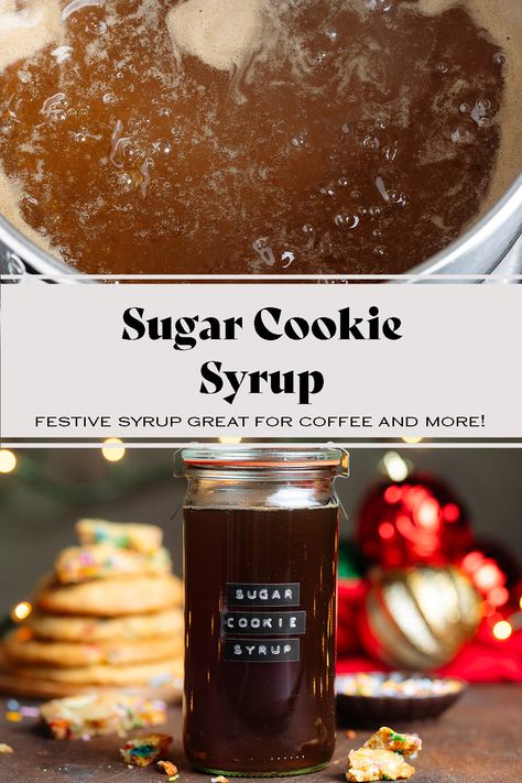 This festive Sugar Cookie Syrup tastes just like sugar cookies and it's perfect for lattes, cocktails, and more! It has just 5 ingredients and it can be ready in less than 15 minutes. It's the perfect syrup for Christmas but you can make it any time of the year. It's a great Starbucks copycat recipe, better than any store-bought syrup, and freezer-friendly! #FeelingFestive24 Spiced Brown Sugar Syrup, Winter Simple Syrup, Sugar Cookie Syrup Recipe, Homemade Coffee Syrup Recipes, Syrup Recipe For Cocktails, Sugar Cookie Coffee, Sodastream Syrup, Sugar Cookie Syrup, Coffee Syrup Recipe