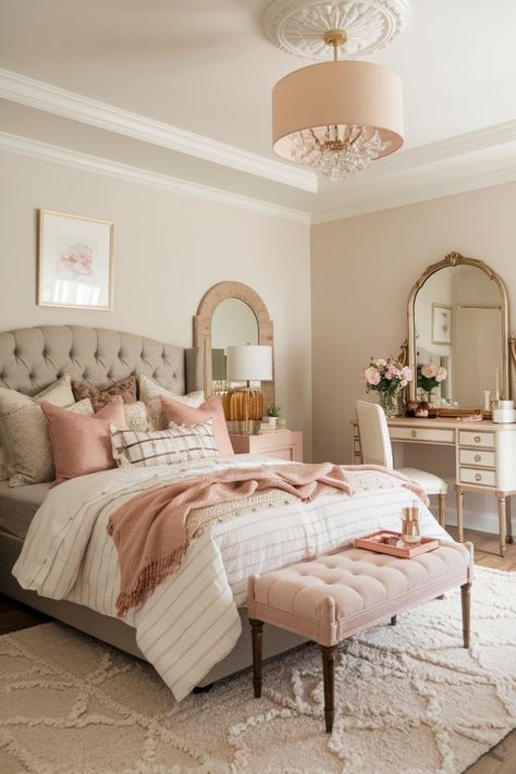 Minimalist girly bedroom with pastel bedding and warm lighting. Classy Bedroom Ideas For Women, Bedroom Glam, Pastel Bedding, Fall Bedroom Ideas, Pastel Room Decor, Feminine Decor, Feminine Bedroom, Cozy Fall Bedroom, Classy Bedroom