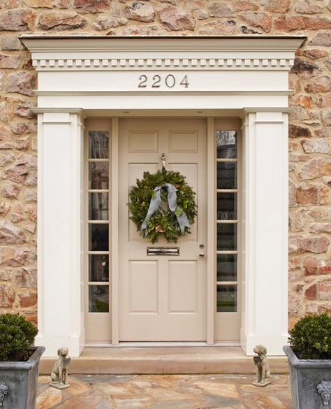 Beige Door Exterior, Dentil Moulding Exterior Front Doors, Dentil Molding Exterior, Front Door Traditional Home, Traditional Front Door Ideas, Front Door Pediment, House Entrance Ideas Entryway Exterior, Beige House Front Door Color, Beige Front Door