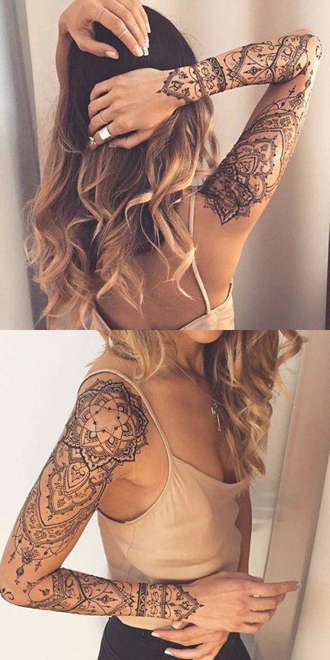 Aztec Tattoo Sleeve Woman, Forearm Wrapped Tattoo, Jewelry Tattoo Sleeve, Bohemian Shoulder Tattoo, Henna Calf Tattoo, Mandala Arm Sleeve Tattoos For Women, Lotus Tattoo Sleeve For Women, Women’s Arm Tattoo Ideas, Mandela Shoulder Tattoos For Women