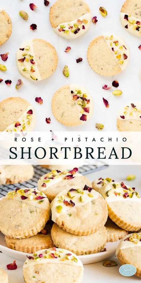 Rose And Pistachio, Pistachio Shortbread Cookies, Rose Pistachio, Pistachio Shortbread, Cardamom Cookies, Rose Cookies, Pistachio Cookies, Rose Recipes, Eggless Recipes