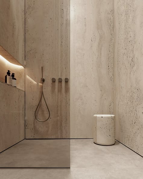 Travertine Shower, Children Bathroom, Travertine Bathroom, Japandi Bathroom, Bathroom Lighting Ideas, Wabi Sabi Interior, Zen Bathroom, Apartment Makeover, Stone Bathroom